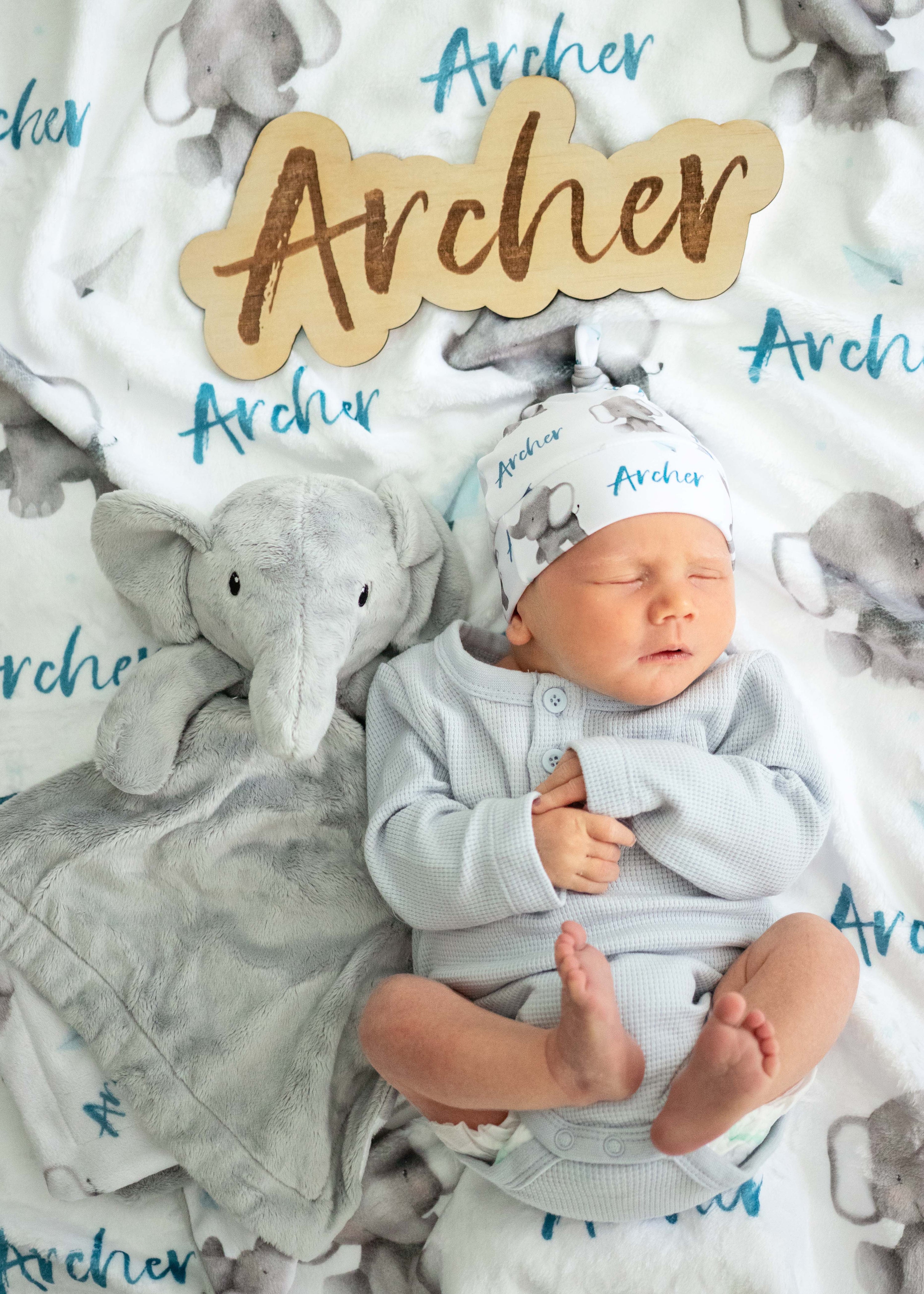 Baby Elephant (Blue) - Personalised Minky Blanket