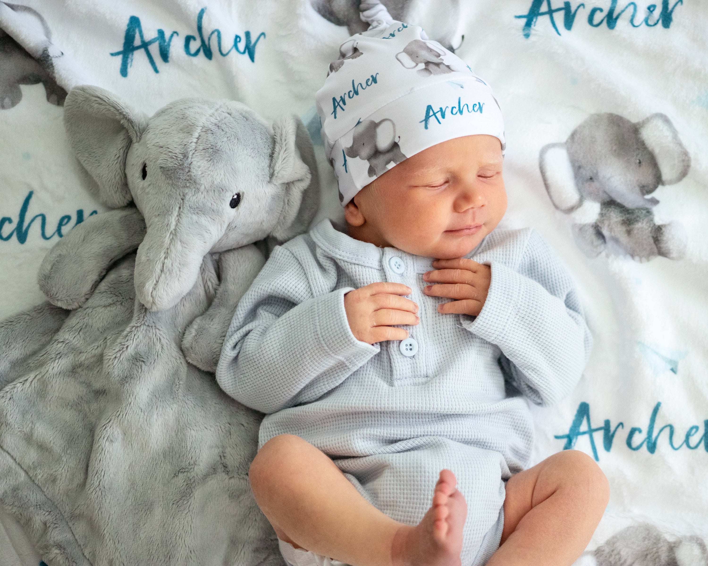Baby Elephants (Blue) - Personalised Beanie